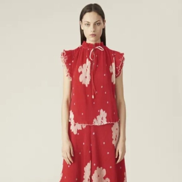 NWOT GANNI Ruffle Cap Sleeves Red Floral Plissé Chiffon Tie Blouse/Top S $265 - Picture 2 of 10